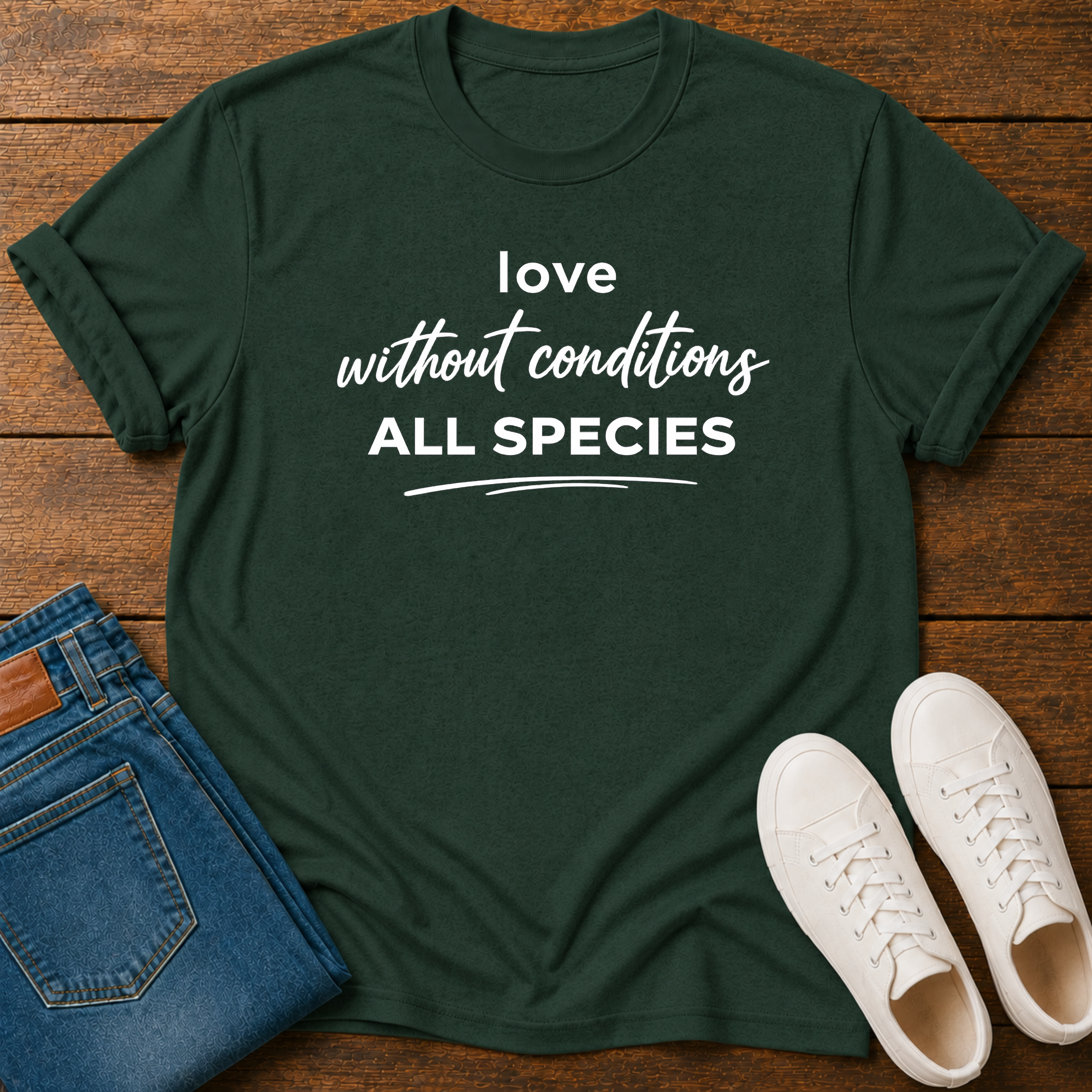 A dark green graphic t-shirt with white text reading 'love without conditions ALL SPECIES' is laid flat on a wooden surface, styled with folded blue jeans and a pair of white sneakers.