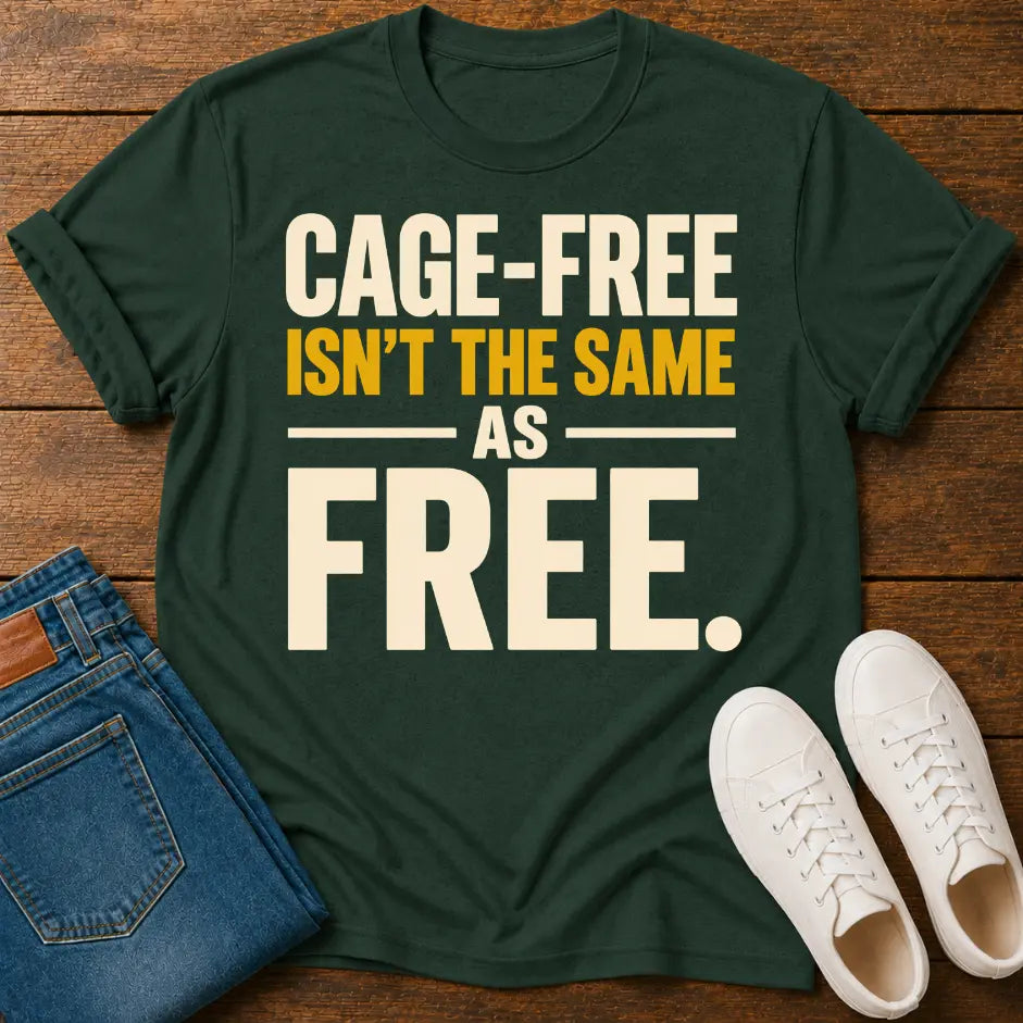 A dark green graphic t-shirt laid flat on a wooden surface, styled with folded blue jeans and white sneakers. The t-shirt features the text 'CAGE-FREE ISN'T THE SAME AS FREE.