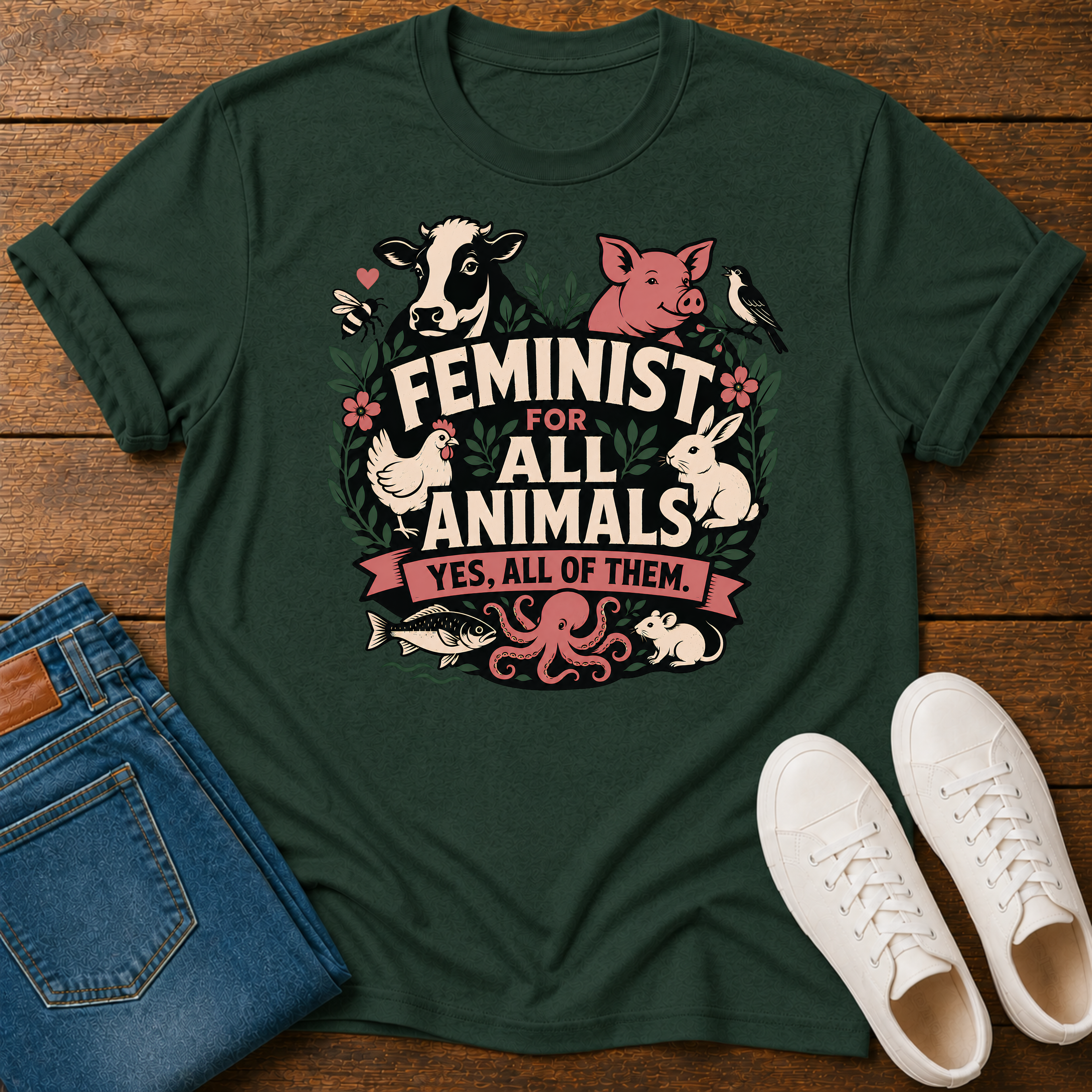 A dark green graphic t-shirt laid flat on a wooden surface, styled with blue jeans and white sneakers. The t-shirt features a colorful graphic of various farm and domestic animals (cow, pig, chicken, rabbit, octopus, fish) surrounding the text 'FEMINIST FOR ALL ANIMALS YES, ALL OF THEM.
