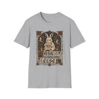 Medieval illuminated manuscript style graphic featuring a grumpy rabbit holding a scroll that reads "NO" above the words "Ask Someone Else."