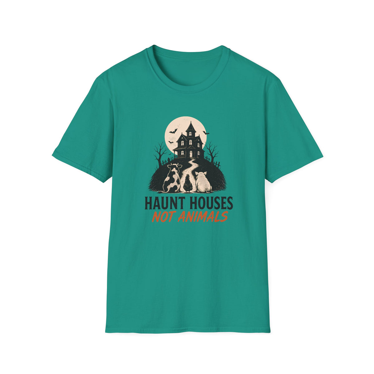 A teal green short-sleeve crewneck t-shirt with a Halloween graphic on the chest. The graphic features a haunted house, bats, a full moon, and three dogs, with the text 'HAUNT HOUSES NOT ANIMALS' in dark green and orange.