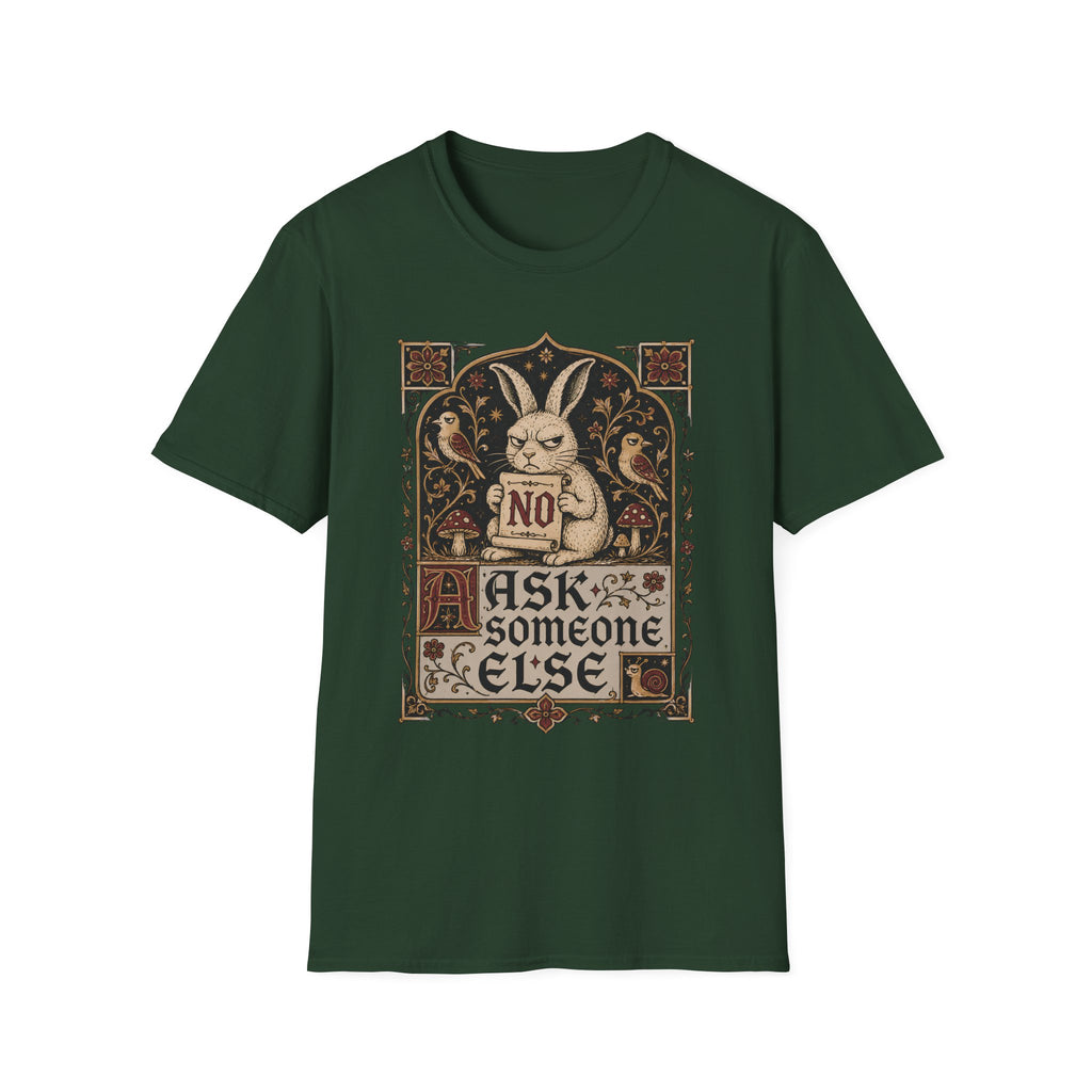 Medieval illuminated manuscript style graphic featuring a grumpy rabbit holding a scroll that reads "NO" above the words "Ask Someone Else."