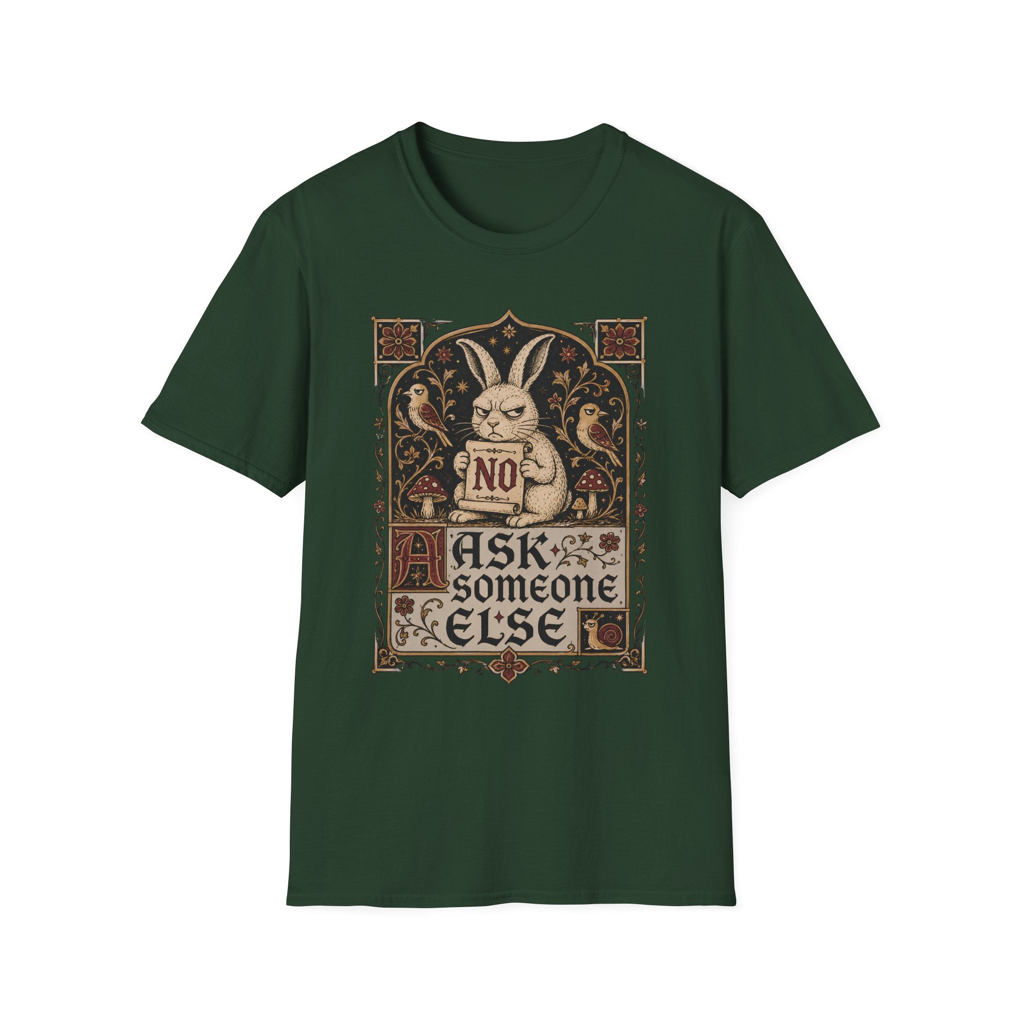 Medieval illuminated manuscript style graphic featuring a grumpy rabbit holding a scroll that reads "NO" above the words "Ask Someone Else."