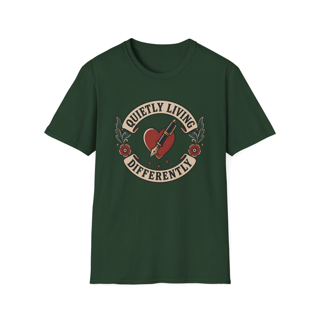 Traditional tattoo-inspired design featuring a heart pierced by a fountain pen with the words "Quietly Living Differently."