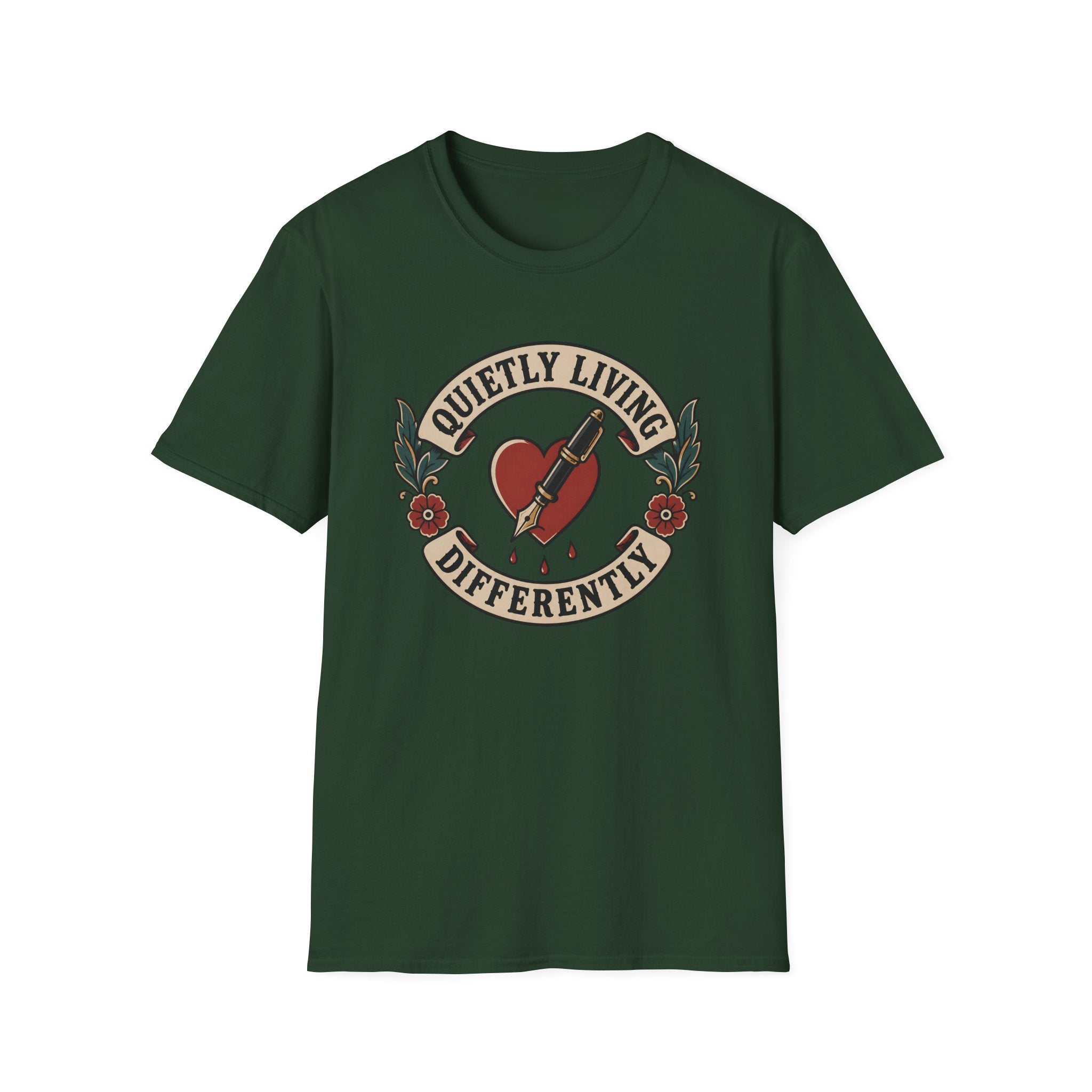 Traditional tattoo-inspired design featuring a heart pierced by a fountain pen with the words "Quietly Living Differently."