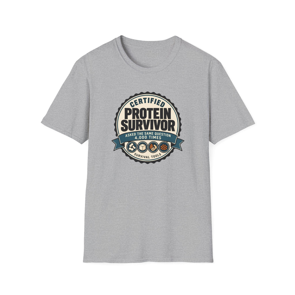 Retro badge style graphic reading "Certified Protein Survivor" with the words "Asked the Same Question 4,000 Times" and icons representing beans, tofu, nuts, and lentils.