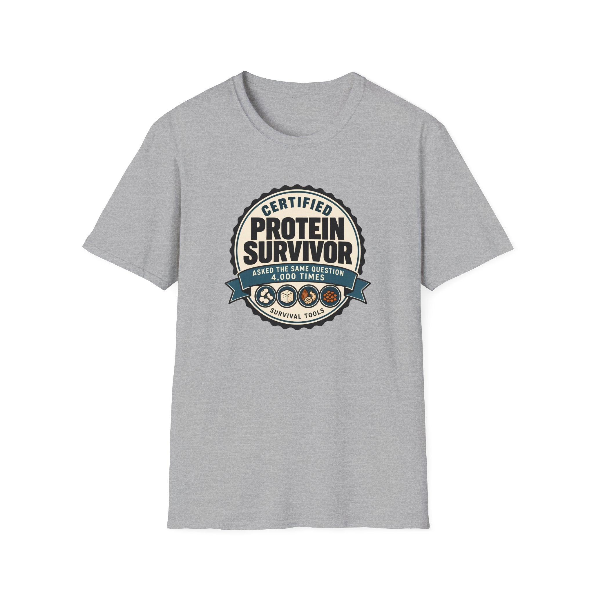 Retro badge style graphic reading "Certified Protein Survivor" with the words "Asked the Same Question 4,000 Times" and icons representing beans, tofu, nuts, and lentils.
