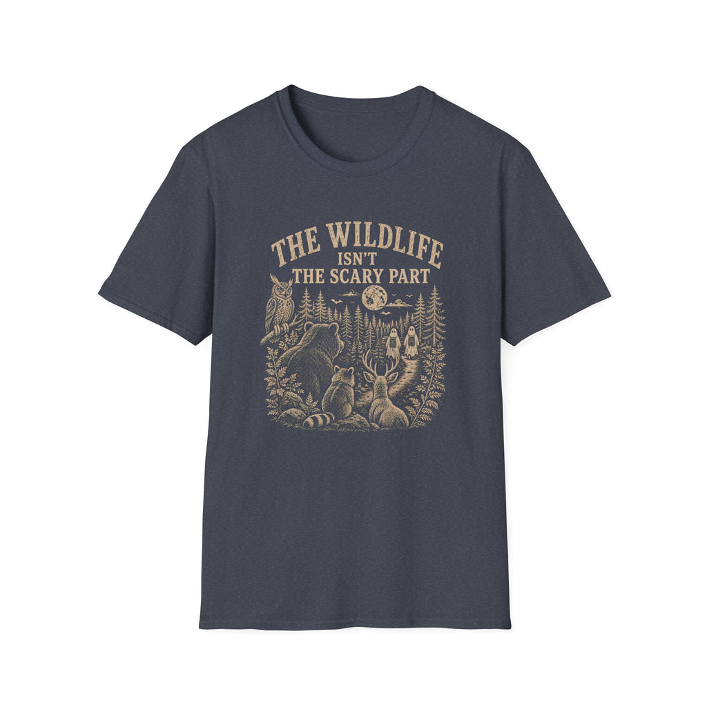 A dark slate blue crewneck t-shirt with a vintage-style beige graphic on the front. The graphic features the text 'THE WILDLIFE ISN'T THE SCARY PART' above an illustration of a moose, raccoon, squirrel, and other forest animals in a pine tree stand.