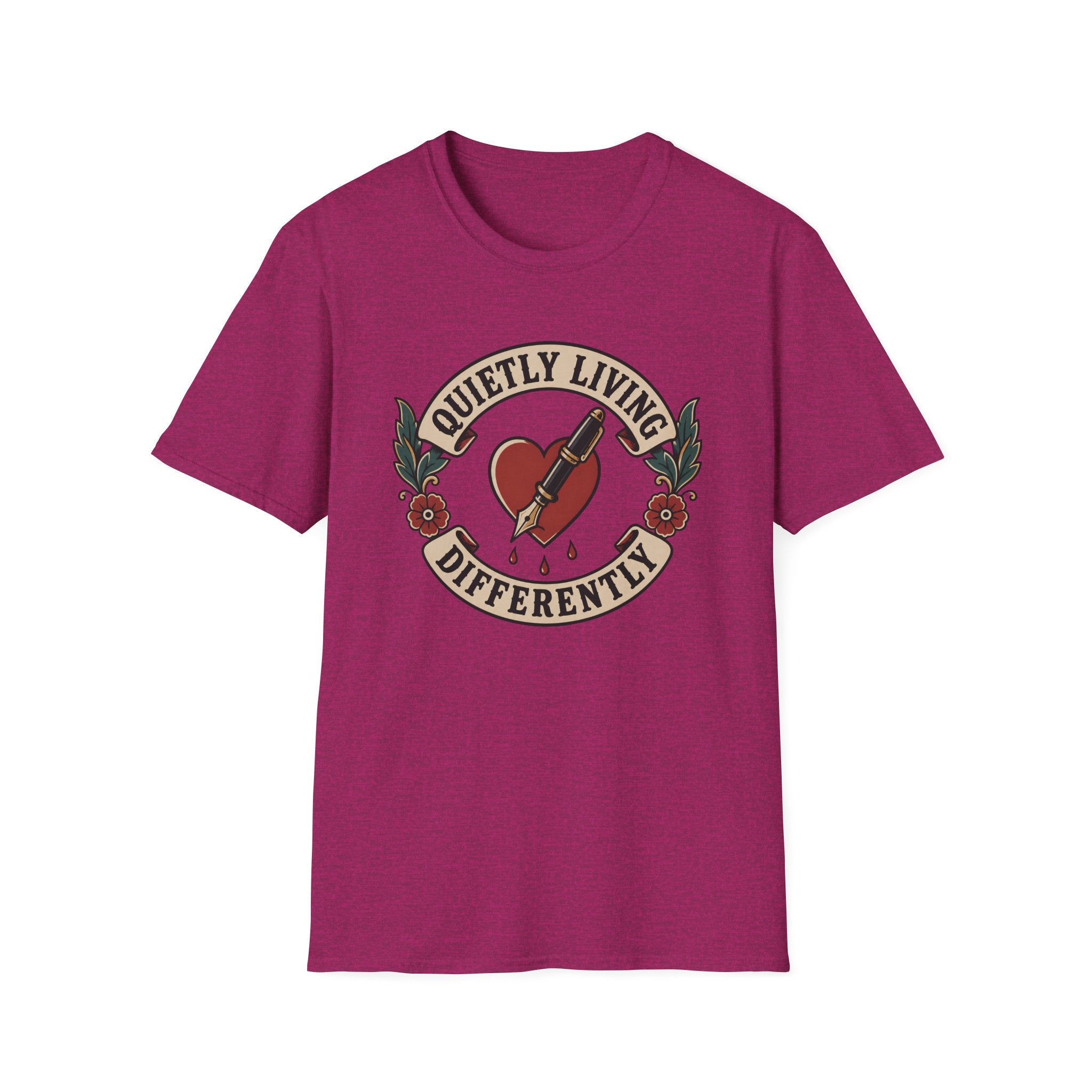 Traditional tattoo-inspired design featuring a heart pierced by a fountain pen with the words "Quietly Living Differently."