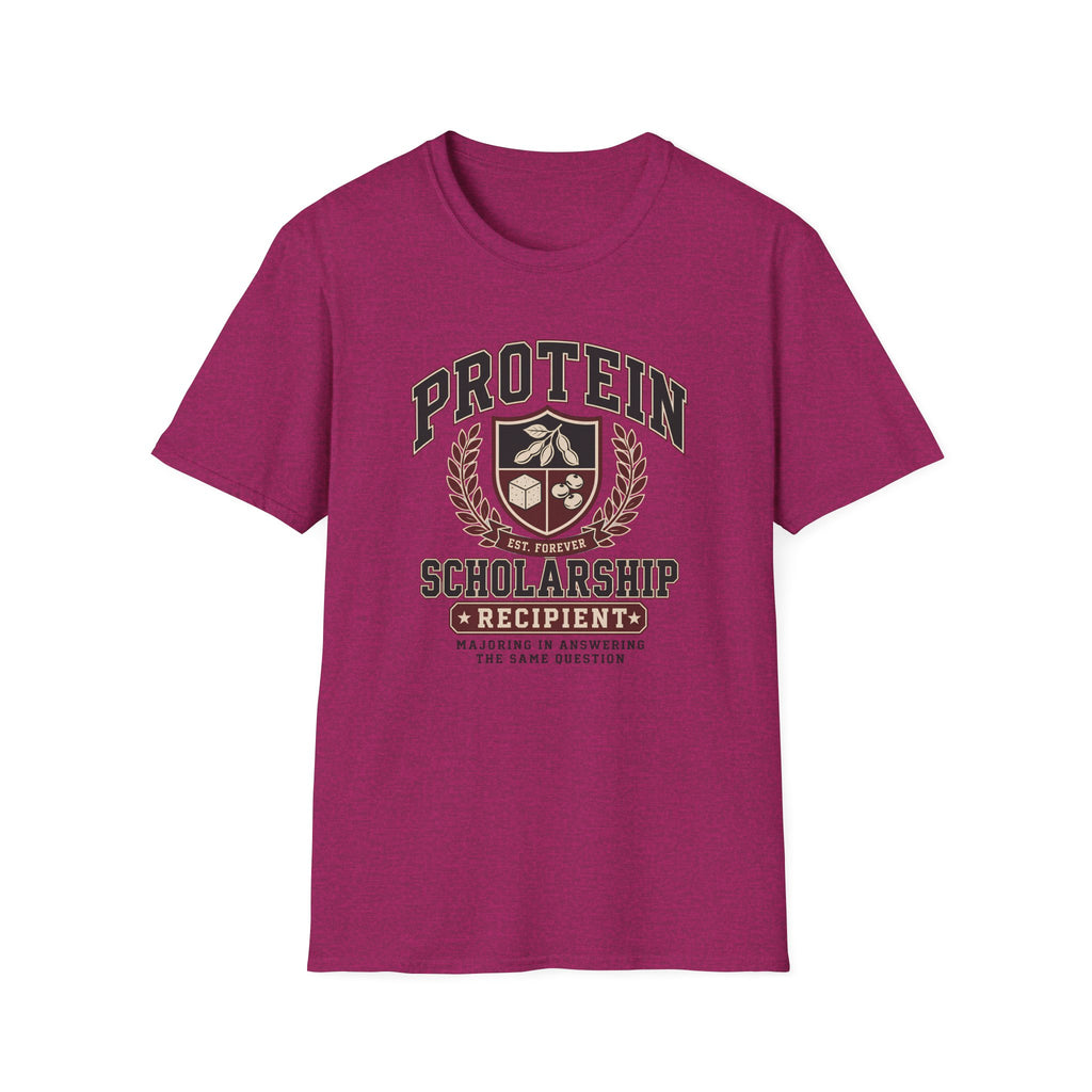 hot pink t-shirt with Vintage collegiate crest design reading “Protein Scholarship Recipient” with soybean, tofu, and bean illustrations and the words “Majoring in Answering the Same Question.”