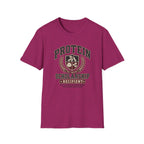hot pink t-shirt with Vintage collegiate crest design reading “Protein Scholarship Recipient” with soybean, tofu, and bean illustrations and the words “Majoring in Answering the Same Question.”