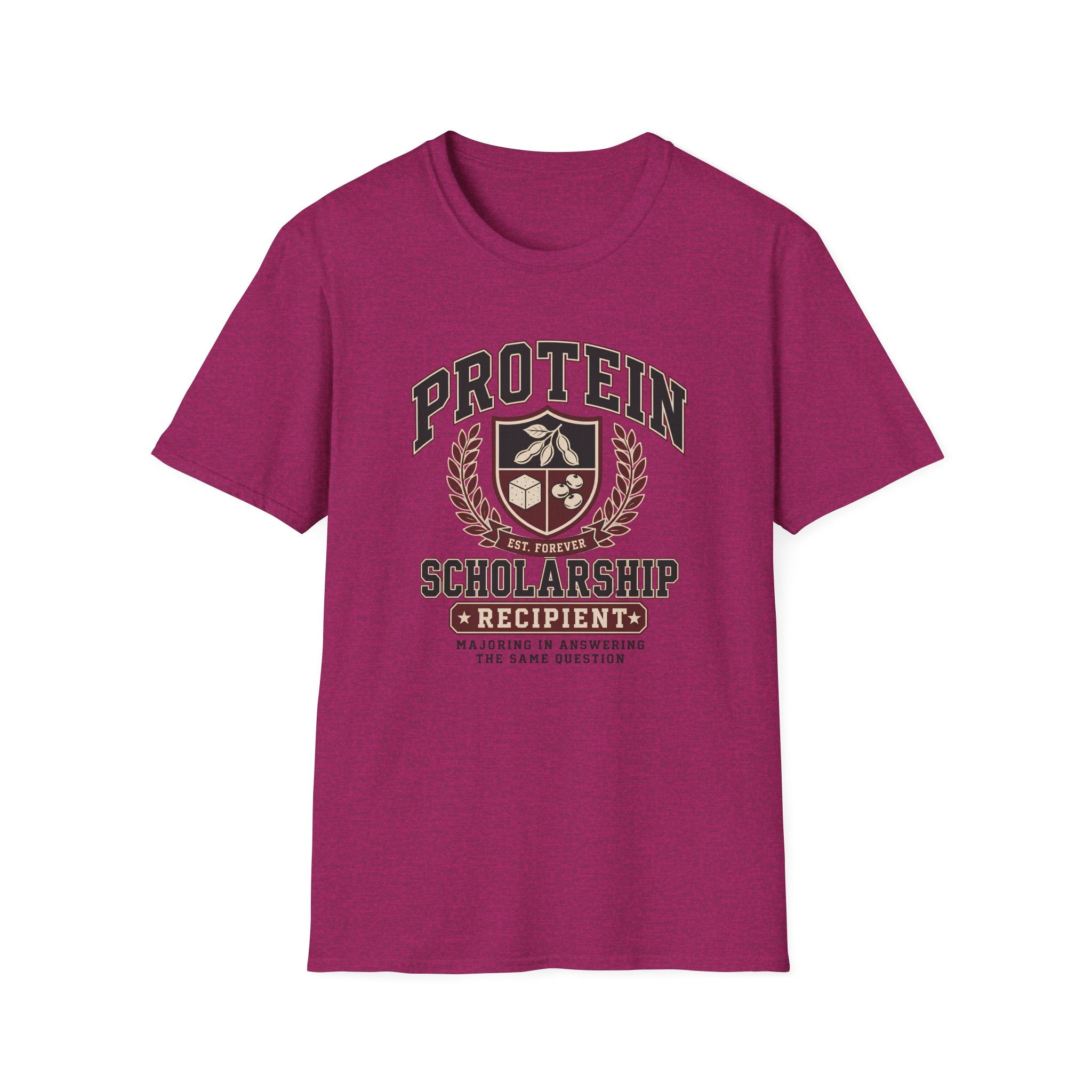 hot pink t-shirt with Vintage collegiate crest design reading “Protein Scholarship Recipient” with soybean, tofu, and bean illustrations and the words “Majoring in Answering the Same Question.”