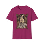 A magenta short-sleeve crewneck t-shirt featuring a vintage-style graphic of a rabbit holding a sign that says 'NO' with the text 'ASK SOMEONE ELSE' below it, displayed on a solid white background.