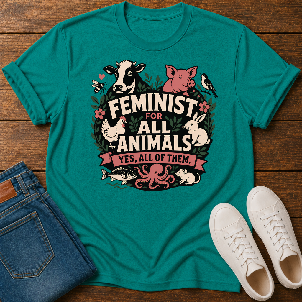 A teal graphic t-shirt laid flat on a wooden surface, styled with folded blue jeans, white sneakers, and a small pink pig toy. The t-shirt features a colorful graphic of various farm and wild animals surrounding the text 'FEMINIST FOR ALL ANIMALS YES, ALL OF THEM.