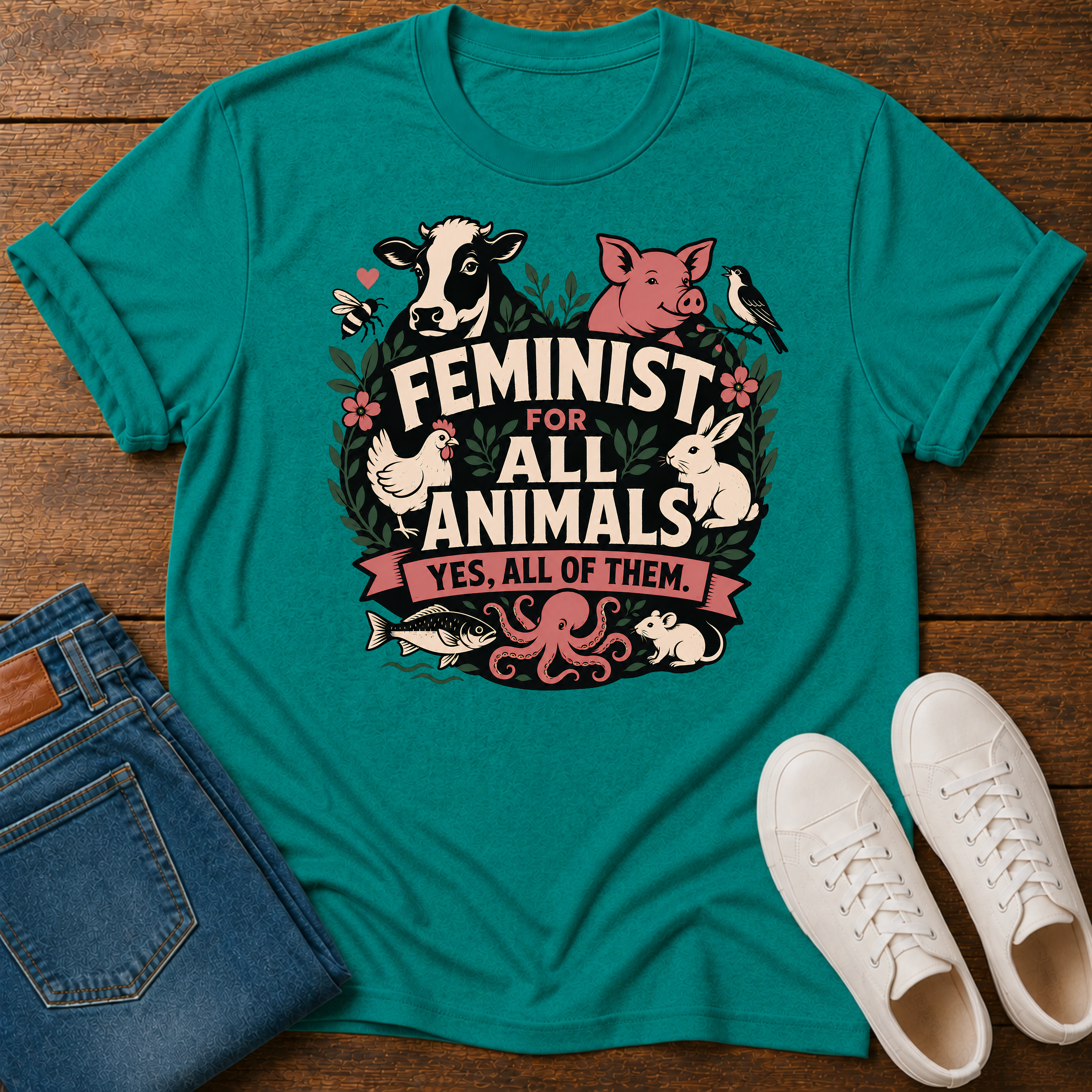 A teal graphic t-shirt laid flat on a wooden surface, styled with folded blue jeans, white sneakers, and a small pink pig toy. The t-shirt features a colorful graphic of various farm and wild animals surrounding the text 'FEMINIST FOR ALL ANIMALS YES, ALL OF THEM.
