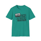A teal green short-sleeve t-shirt with a retro cassette tape graphic and the text 'OUT OF SYNC WITH THE MAINSTREAM' printed on the chest, displayed against a solid white background.