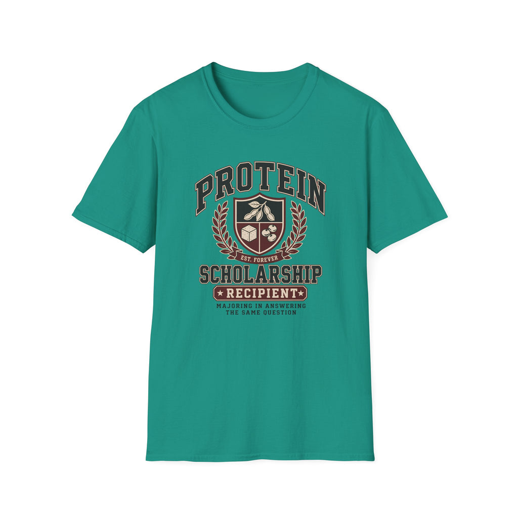 jade green t-shirt with Vintage collegiate crest design reading “Protein Scholarship Recipient” with soybean, tofu, and bean illustrations and the words “Majoring in Answering the Same Question.”