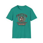 jade green t-shirt with Vintage collegiate crest design reading “Protein Scholarship Recipient” with soybean, tofu, and bean illustrations and the words “Majoring in Answering the Same Question.”