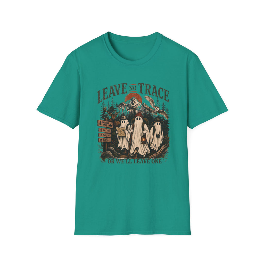 A teal green short-sleeve crewneck t-shirt with a vintage-style Halloween graphic on the chest. The graphic features three ghosts in white sheets, a signpost pointing left, and the text 'LEAVE NO TRACE' above and 'OR WE'LL LEAVE ONE' below.