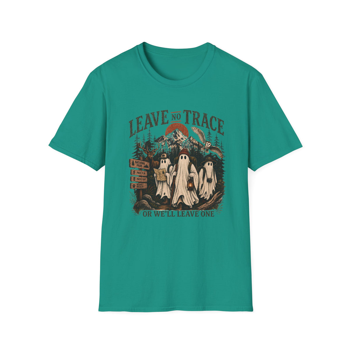A teal green short-sleeve crewneck t-shirt with a vintage-style Halloween graphic on the chest. The graphic features three ghosts in white sheets, a signpost pointing left, and the text 'LEAVE NO TRACE' above and 'OR WE'LL LEAVE ONE' below.