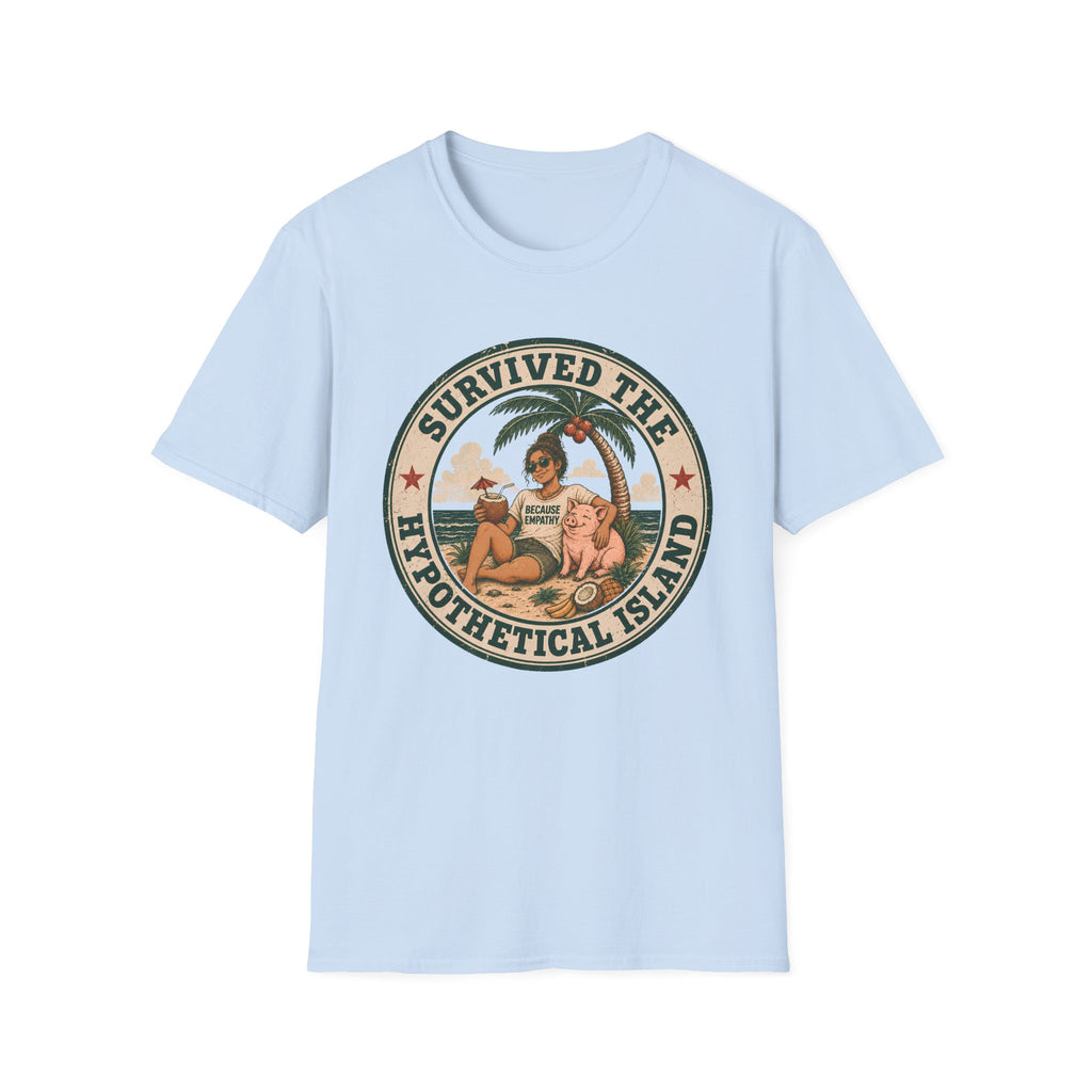 A light blue crewneck t-shirt featuring a circular retro-style graphic on the chest with awo man and a dog on a beach under a palm tree, with the text 'SURVIVED THE HYPOTHETICAL ISLAND'.