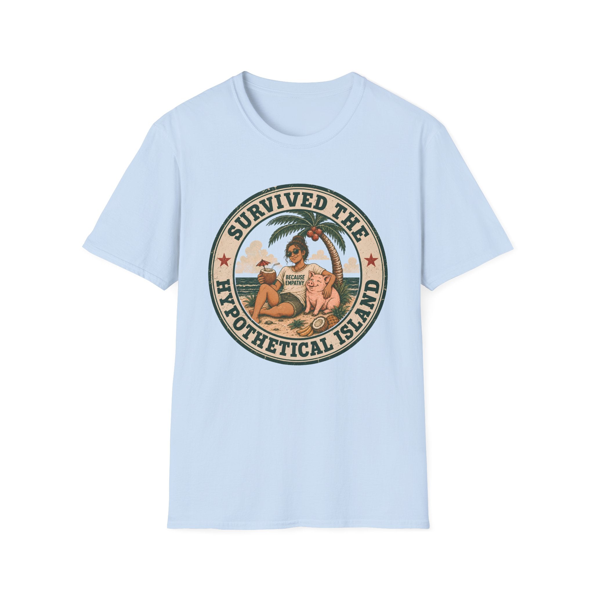 A light blue crewneck t-shirt featuring a circular retro-style graphic on the chest with awo man and a dog on a beach under a palm tree, with the text 'SURVIVED THE HYPOTHETICAL ISLAND'.