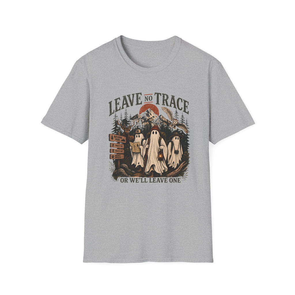 A light gray crewneck t-shirt featuring a vintage-style Halloween graphic of three ghosts in front of mountains and a full moon, with the text 'LEAVE NO TRACE' above and 'OR WE'LL LEAVE ONE' below.