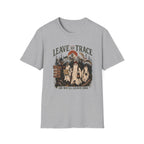 A light gray crewneck t-shirt featuring a vintage-style Halloween graphic of three ghosts in front of mountains and a full moon, with the text 'LEAVE NO TRACE' above and 'OR WE'LL LEAVE ONE' below.