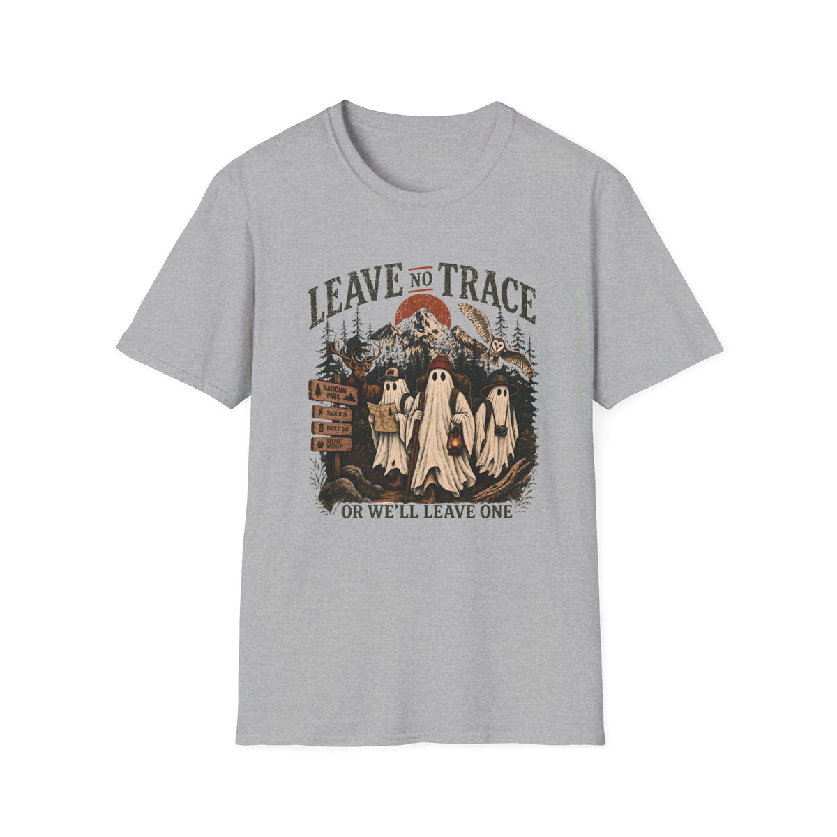 A light gray crewneck t-shirt featuring a vintage-style Halloween graphic of three ghosts in front of mountains and a full moon, with the text 'LEAVE NO TRACE' above and 'OR WE'LL LEAVE ONE' below.