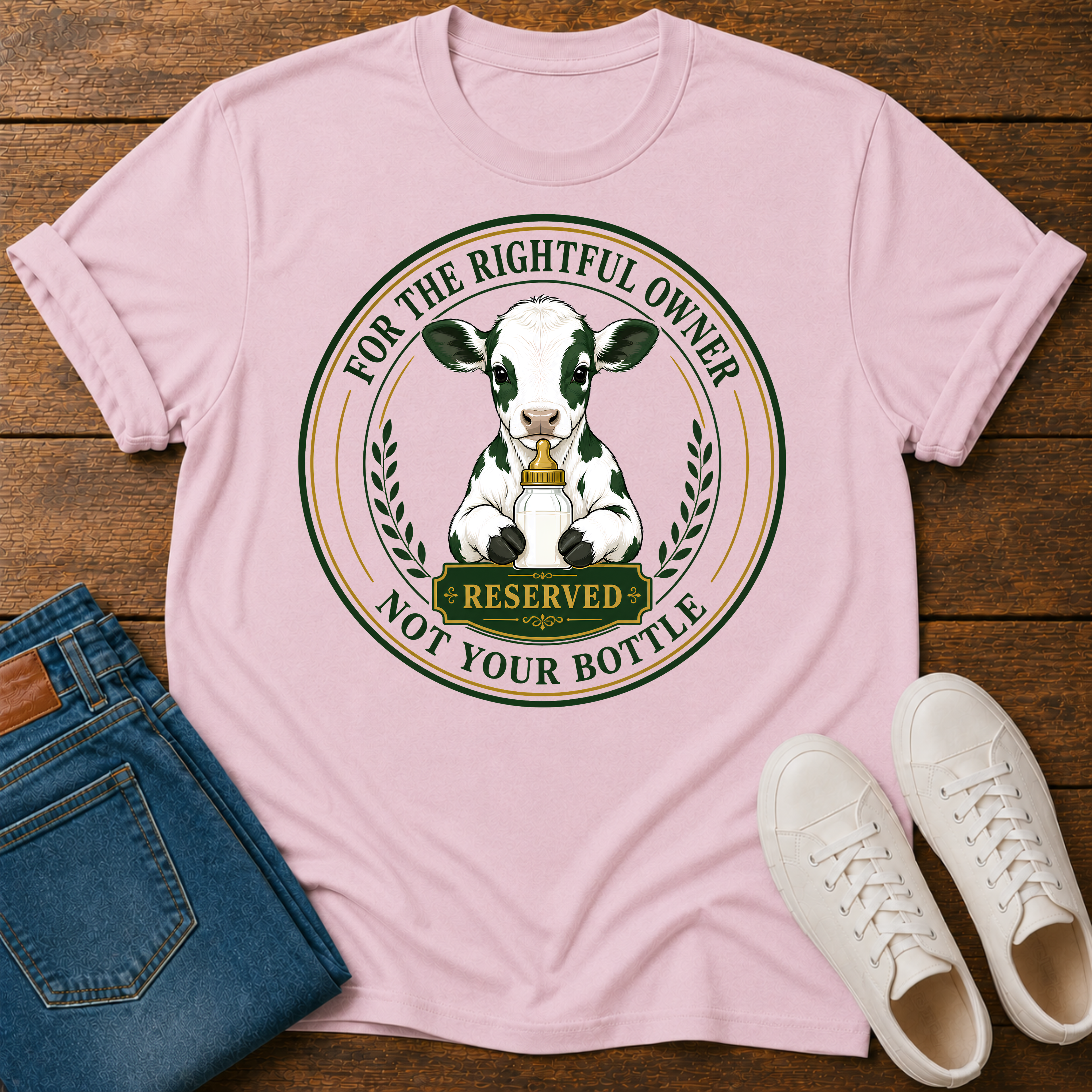 A light pink crewneck t-shirt laid flat on a dark wood background, styled with a pair of blue jeans and white sneakers. The t-shirt features a circular graphic of a black-and-white cow holding a gold bell, with the text 'FOR THE RIGHTFUL OWNER RESERVED NOT YOUR BOTTE' in a vintage license-style design.