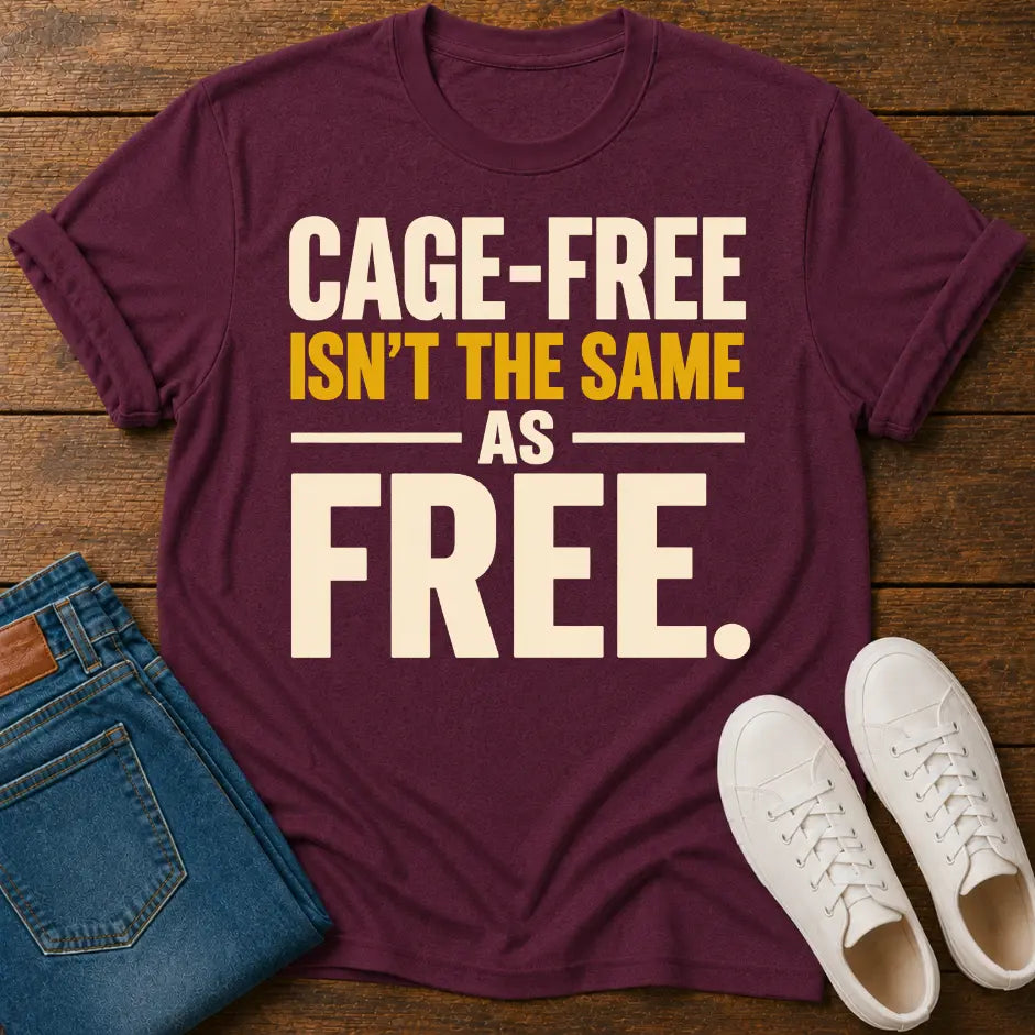 A maroon short-sleeve graphic T-shirt laid flat on a wooden surface, styled with folded blue jeans and white sneakers. The shirt has large slogan text reading “CAGE-FREE ISN'T THE SAME AS FREE.