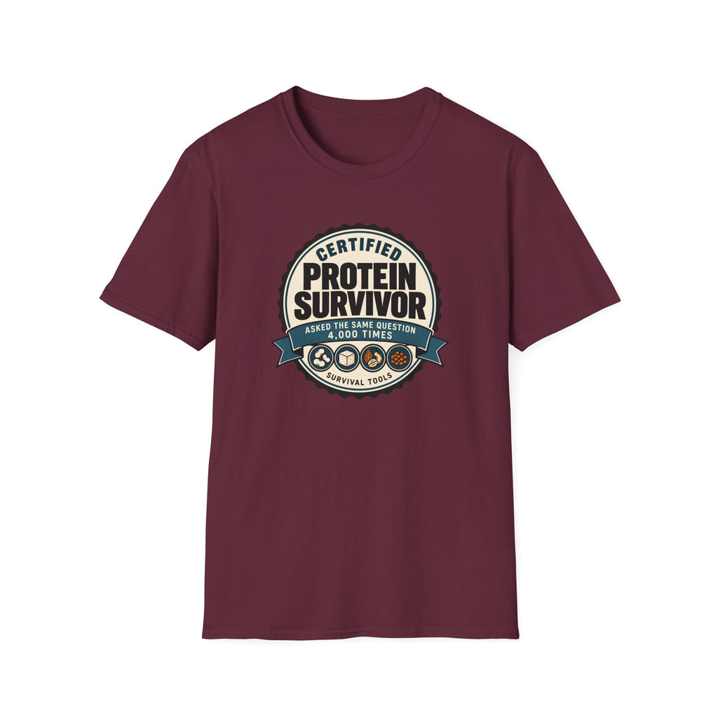 Retro badge style graphic reading "Certified Protein Survivor" with the words "Asked the Same Question 4,000 Times" and icons representing beans, tofu, nuts, and lentils.