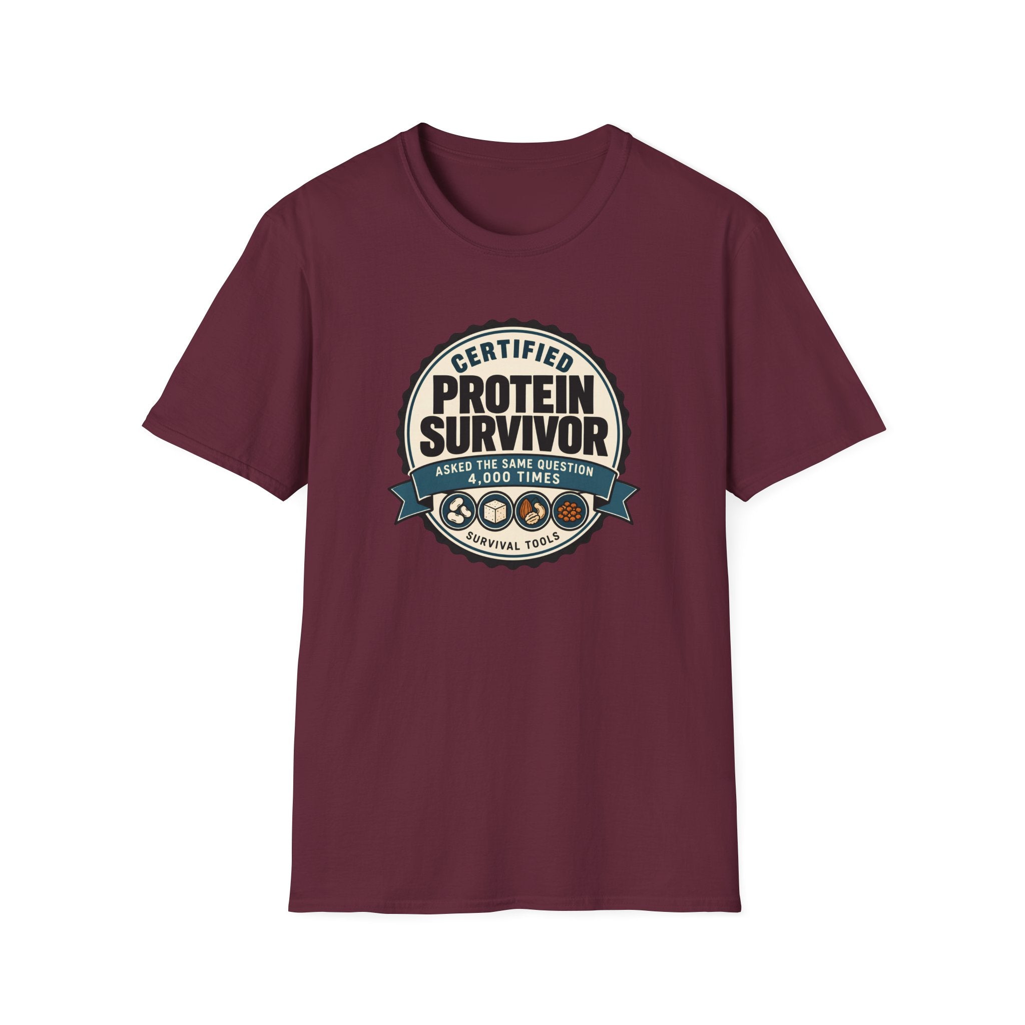 Retro badge style graphic reading "Certified Protein Survivor" with the words "Asked the Same Question 4,000 Times" and icons representing beans, tofu, nuts, and lentils.