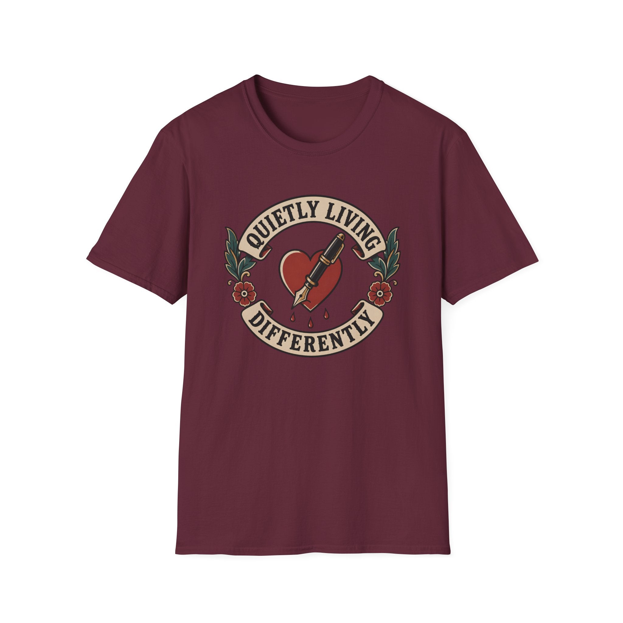 Traditional tattoo-inspired design featuring a heart pierced by a fountain pen with the words "Quietly Living Differently."