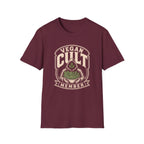 maroon t-shirt with text 'vegan cult member'