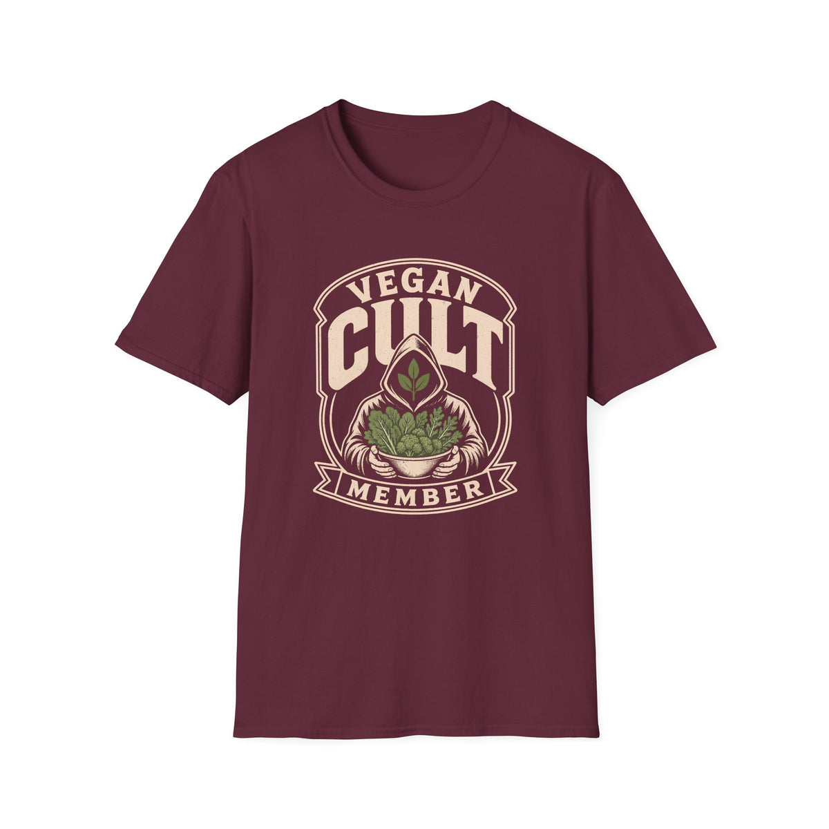 maroon t-shirt with text 'vegan cult member'