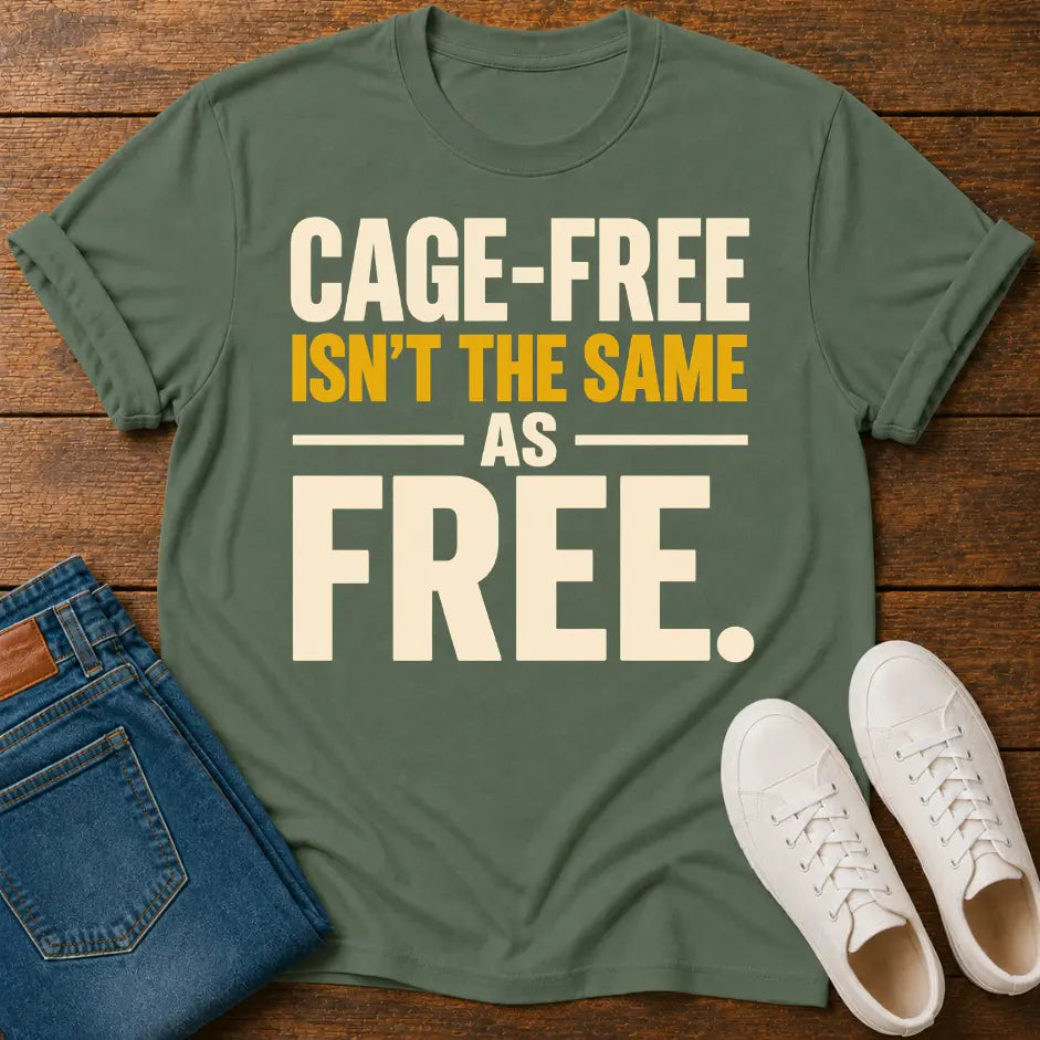 An military green graphic t-shirt laid flat on a wooden surface, styled with folded blue jeans and white sneakers. The t-shirt features the text 'CAGE-FREE ISN'T THE SAME AS FREE.