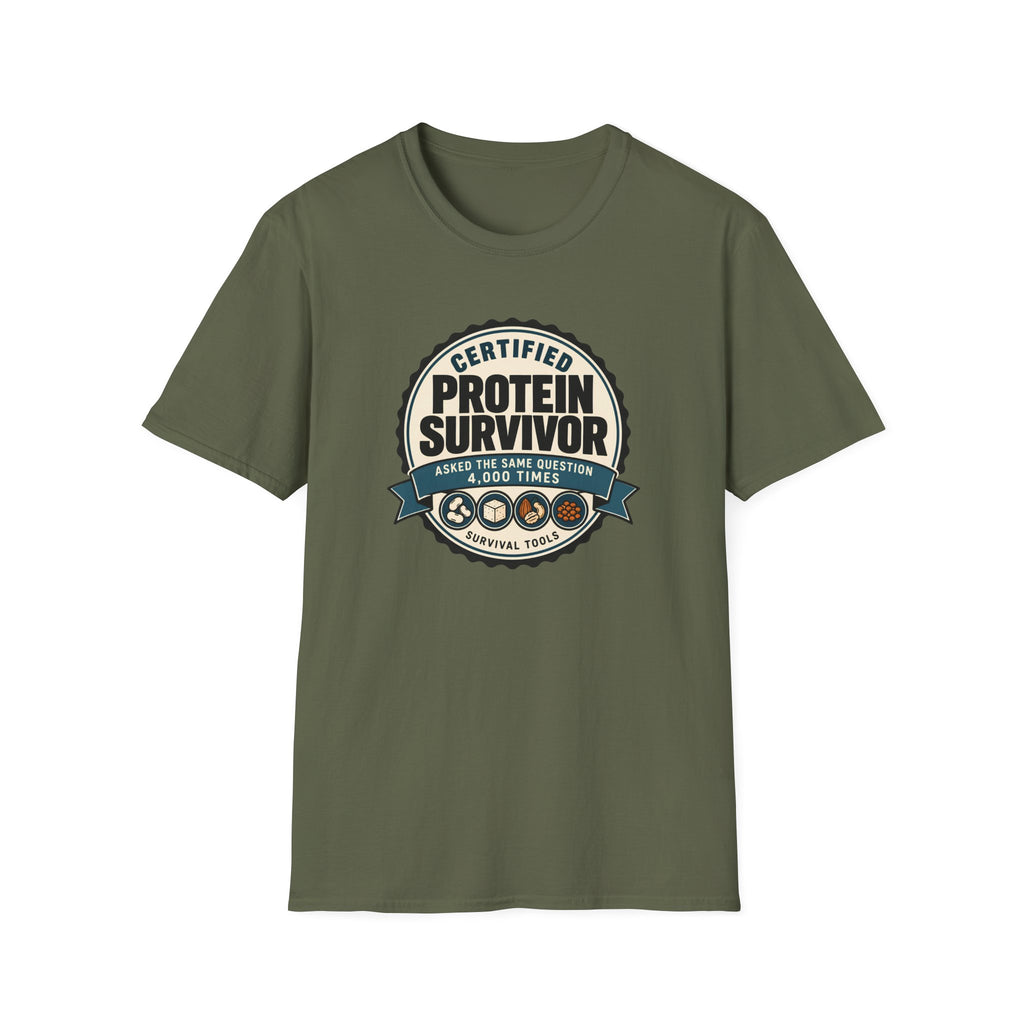 Retro badge style graphic reading "Certified Protein Survivor" with the words "Asked the Same Question 4,000 Times" and icons representing beans, tofu, nuts, and lentils.
