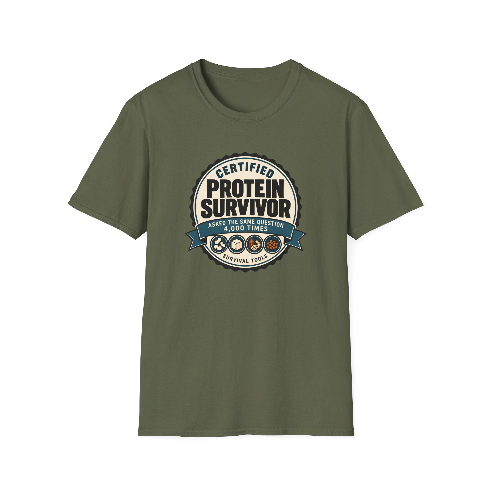 Retro badge style graphic reading "Certified Protein Survivor" with the words "Asked the Same Question 4,000 Times" and icons representing beans, tofu, nuts, and lentils.