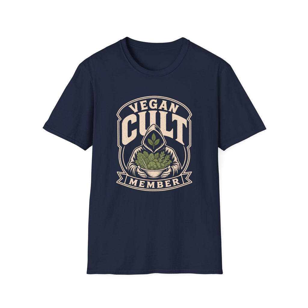 Navy Blue t-shirt with text 'vegan cult member'