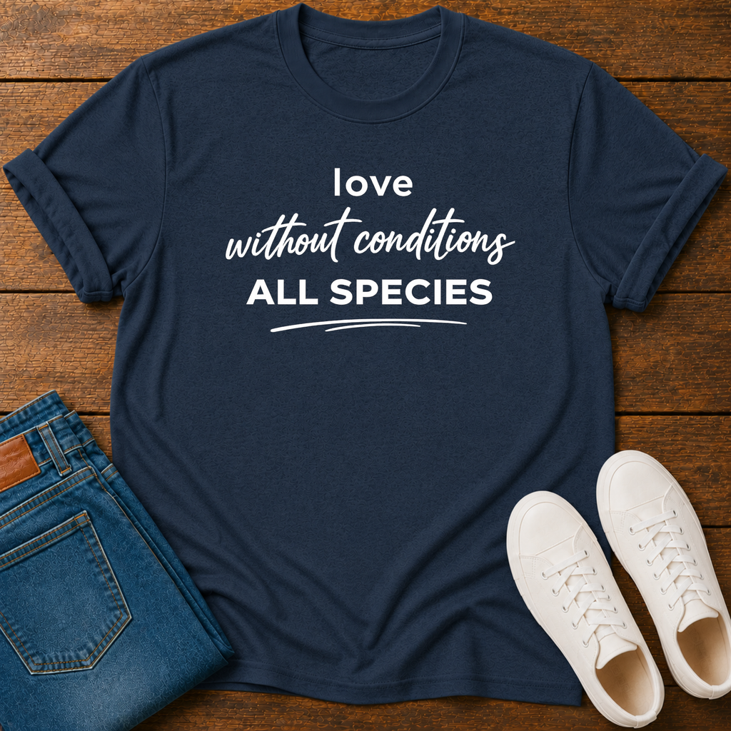 A navy blue graphic t-shirt with white text reading 'love without conditions ALL SPECIES' is laid flat on a wooden surface, styled with folded blue jeans and a pair of white sneakers.