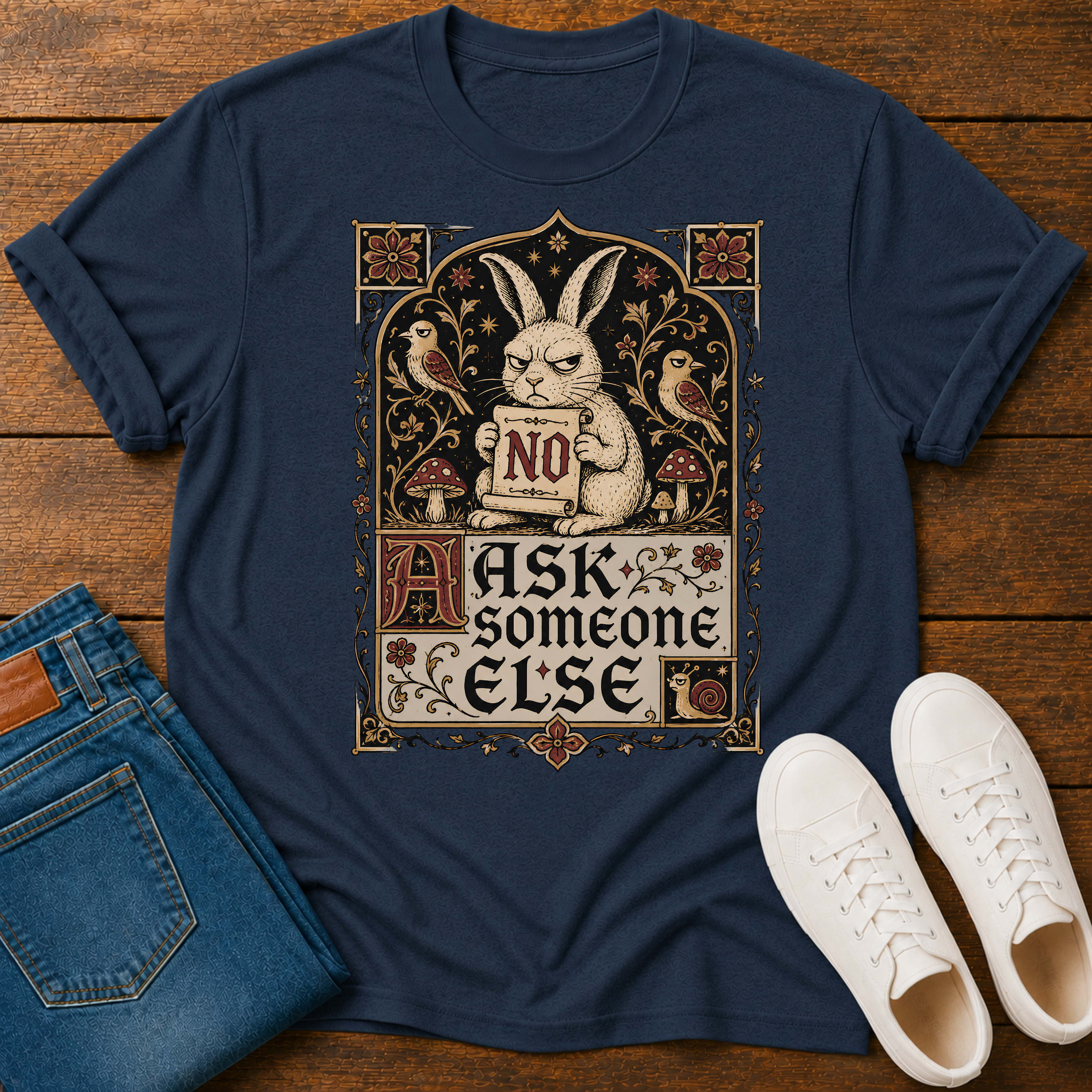 A navy blue graphic t-shirt laid flat on a wooden surface, styled with folded blue jeans and white sneakers. The t-shirt features a vintage-style illustration of a rabbit holding a sign that says 'NO' surrounded by birds and mushrooms, with the text 'ASK someone ELSE' below.