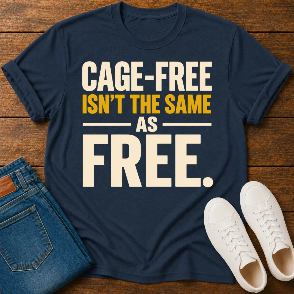 A navy blue graphic t-shirt laid flat on a wooden surface, styled with folded blue jeans and white sneakers. The t-shirt features the text 'CAGE-FREE ISN'T THE SAME AS FREE.