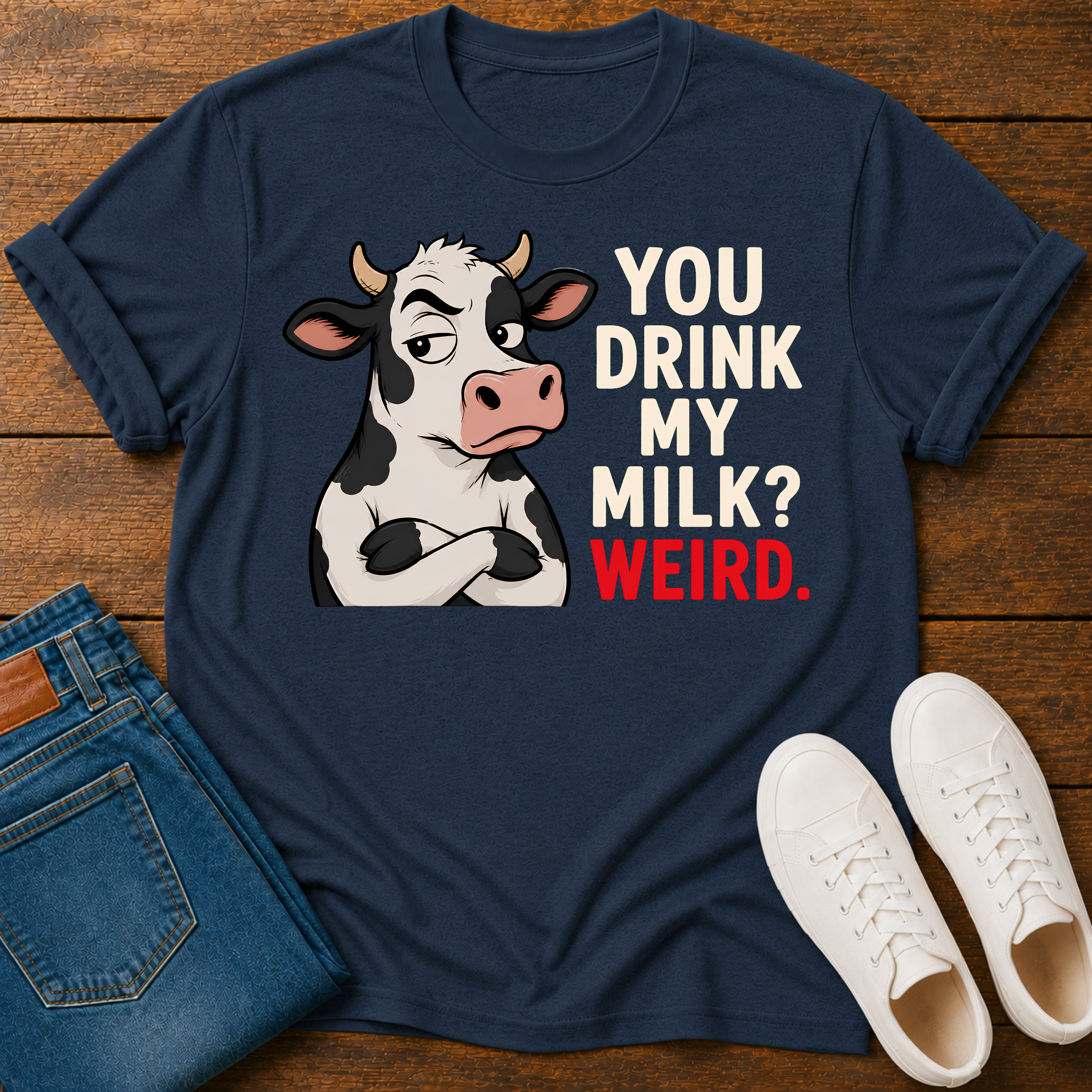 A navy blue graphic t-shirt laid flat on a wooden surface, styled with folded blue jeans and white sneakers. The t-shirt features a cartoon cow with crossed arms next to the text 'YOU DRINK MY MILK? WEIRD.