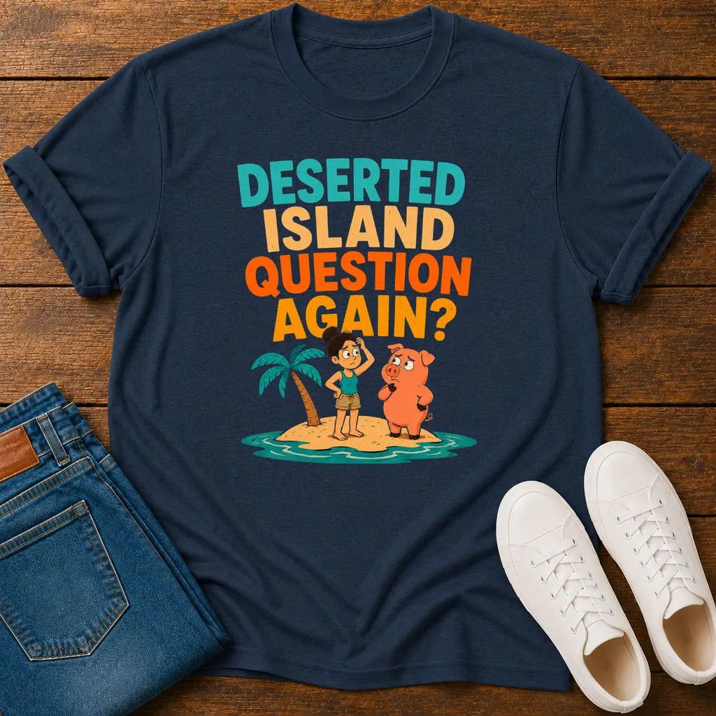 A navy blue graphic t-shirt laid flat on a wooden surface, styled with folded blue jeans and white sneakers. The t-shirt features a colorful cartoon graphic of a person and a dog on a small tropical island with the text 'DESERTED ISLAND QUESTION AGAIN?'.