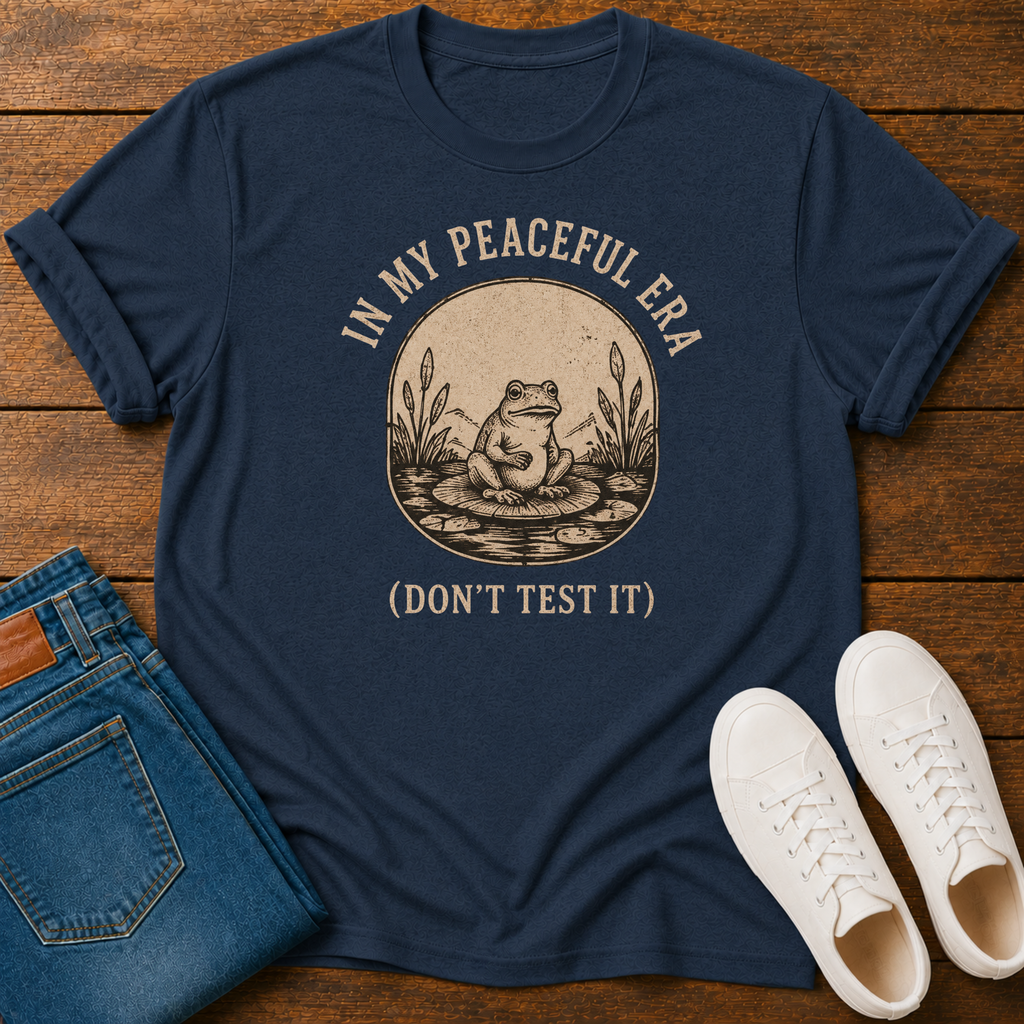 Navy t-shirt with frog graphic and text 'in my peaceful era don't test it'
