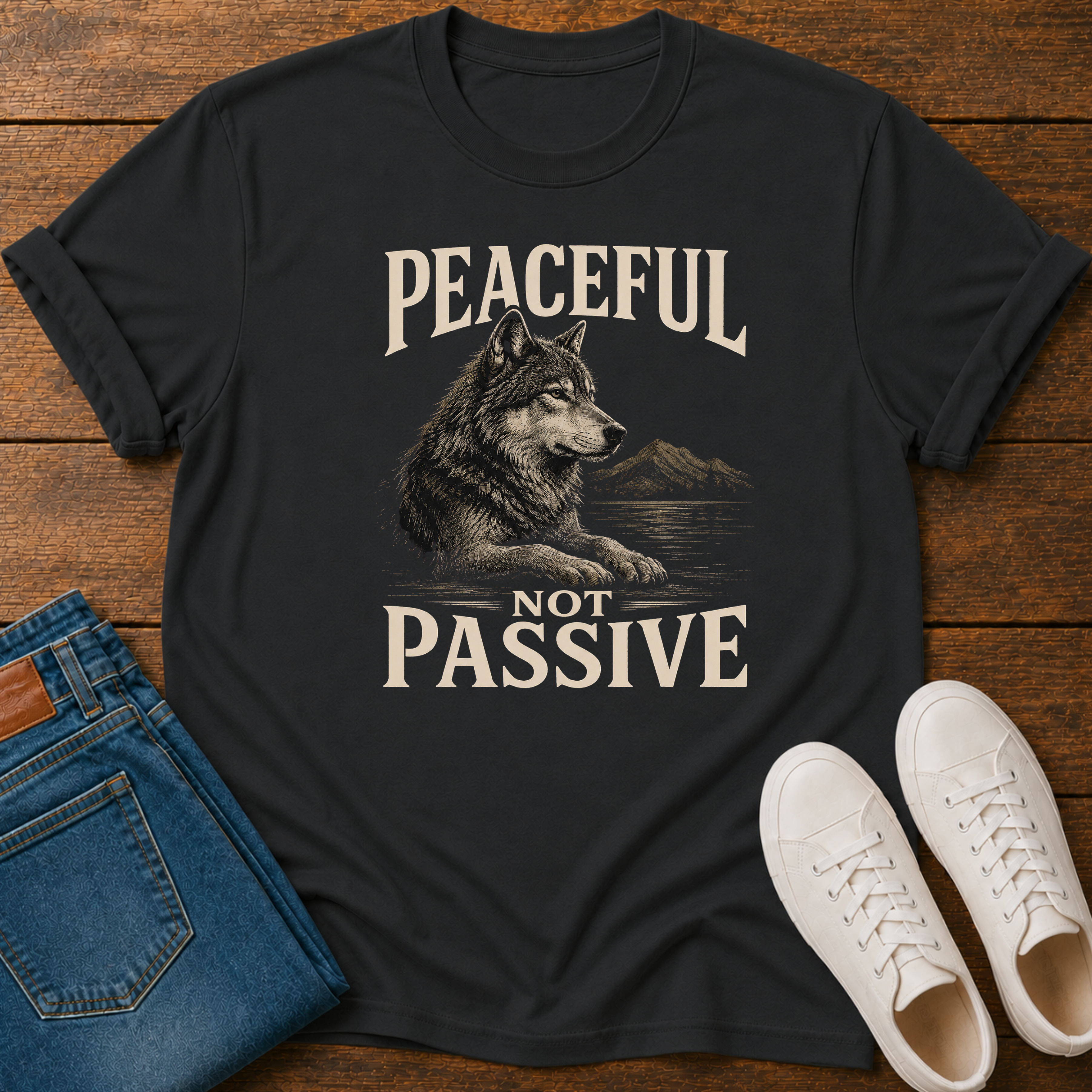 Black t-shirt with a wolf graphic and text 'Peaceful Not Passive' on a wooden surface with jeans and sneakers.