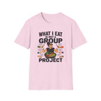 pink t-shirt  'what i eat is not a group project" 