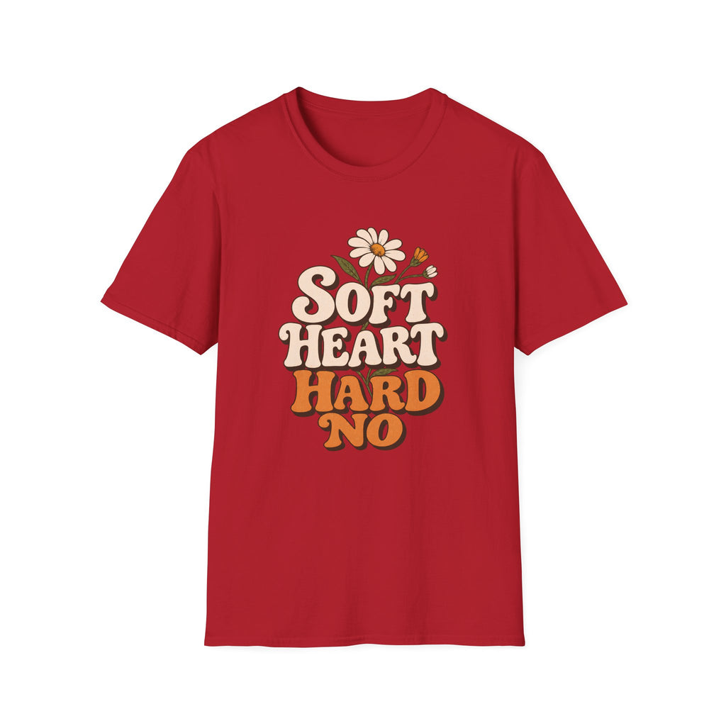 A red short-sleeve crewneck t-shirt featuring a retro-style graphic on the chest that reads 'SOFT HEART HARD NO' in cream and orange lettering, accented with a small daisy illustration.