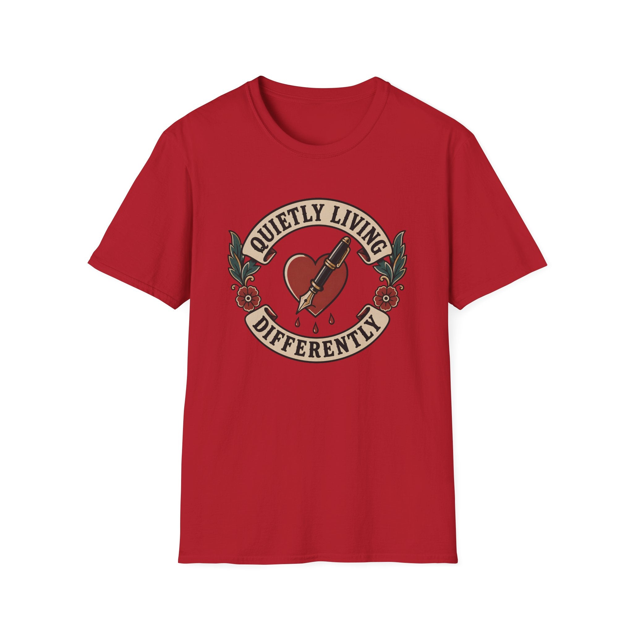 Traditional tattoo-inspired design featuring a heart pierced by a fountain pen with the words "Quietly Living Differently."